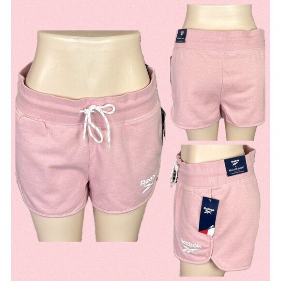 Reebok XL Logo Pink Ribbed Drawstring Waist Pockets Relaxed Cotton Blend Shorts - Picture 1 of 6